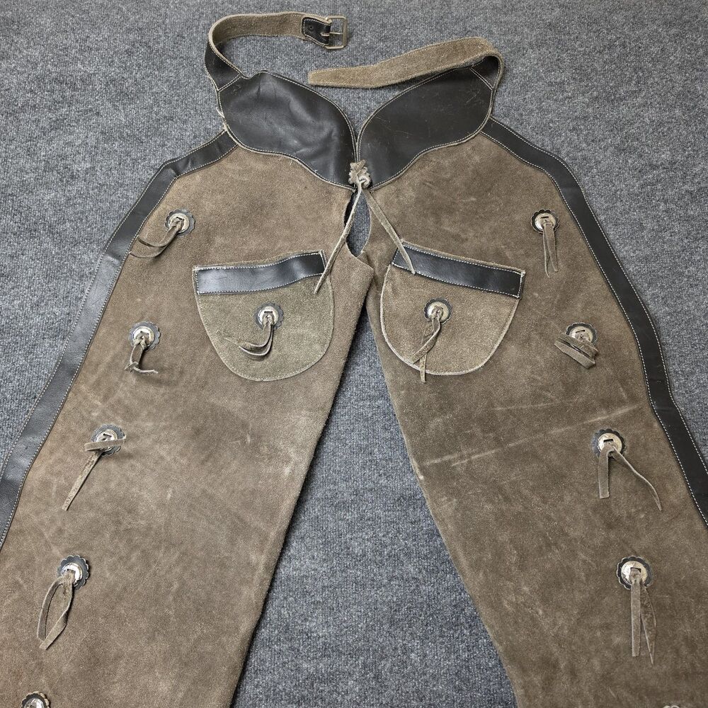 Vintage Leather Batwing Cowboy Chaps Western Old Style Conchos Buttons JD